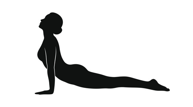 Silhouette of a person performing the Cobra yoga pose, signifying back strength, spinal extension, and rejuvenation in a clean, isolated setting.