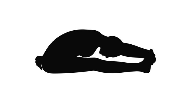 Silhouette of a person performing a seated forward bend yoga pose (Paschimottanasana), isolated on a white background.