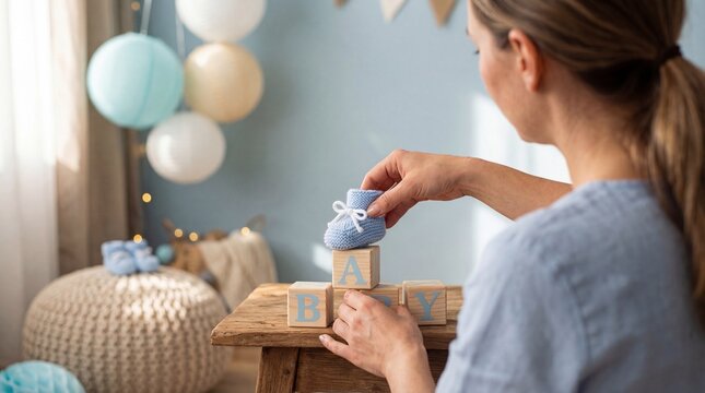 Expectant white mother placing a blue knitted baby bootie on wooden blocks spelling baby in a pastel nursery. Caregiver arranging newborn booties and wooden blocks on a rustic table for newborn decor