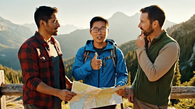 Three Men Hiking Together Reviewing Map Scenic Mountain Landscape