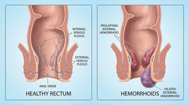 3D Medical Diagram of Healthy Rectum vs Internal and External Hemorrhoids