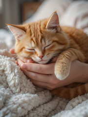 Cute ginger cat lies on woman's hands. The fluffy pet comfortably settled to sleep or to play. Cute cozy background with place for text. Morning bedtime at home.