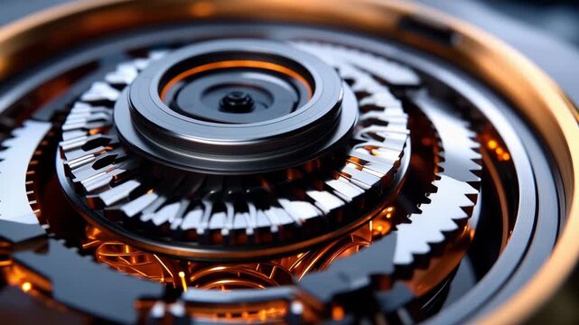Close view of a complex mechanical device showing gears and bright lights in a dark setting for technology enthusiasts