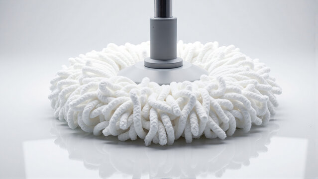 Close-up of a clean white spin mop head on a reflective surface