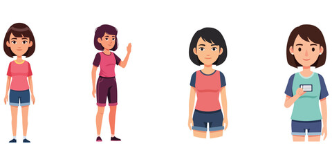 Fototapeta premium Collection of four young women characters in casual outfits standing and posing