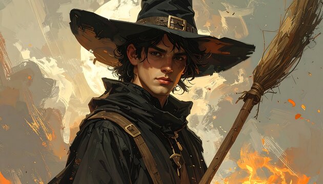 A young, dark-haired figure wearing a witch's hat and cloak, holding a broom. The background is a fiery, surreal landscape