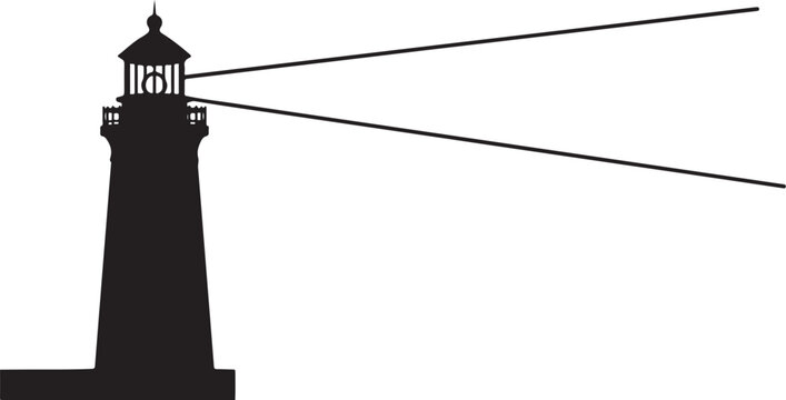 Vector lighthouse icon with beam, black silhouette on white background