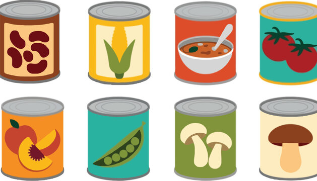A colorful illustration of canned food icons with various ingredients