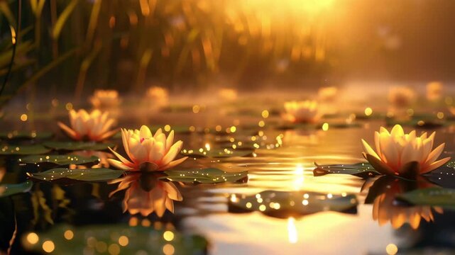 Lotus flowers floating on water reflecting sunlight in nature