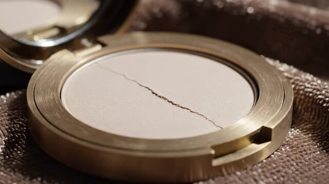A close-up view of an elegantly designed compact powder case, featuring a visible crack on the powder surface, set against a plush, textured fabric backdrop that adds warmth