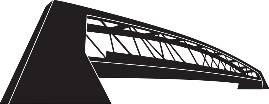 Black steel bridge, metal truss structure, industrial architecture, vector graphic