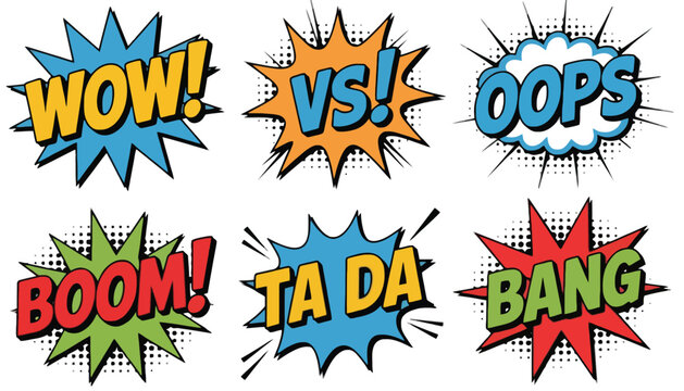 Comic book speech bubbles with WOW, VS, OOPS, BOOM, TA DA, BANG