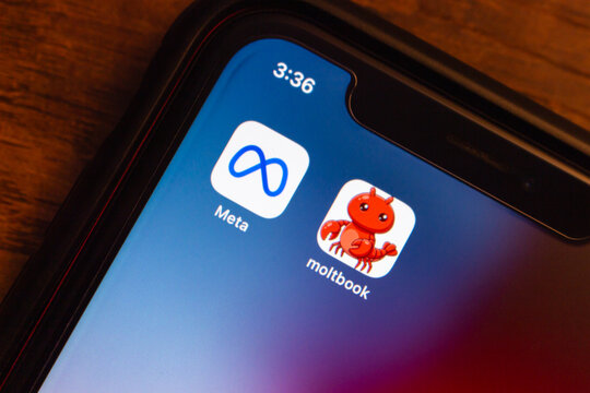 Mexico City, MEXICO - Mar 19 2026 : Closeup of a smartphone screen showing Meta and moltbook icons.