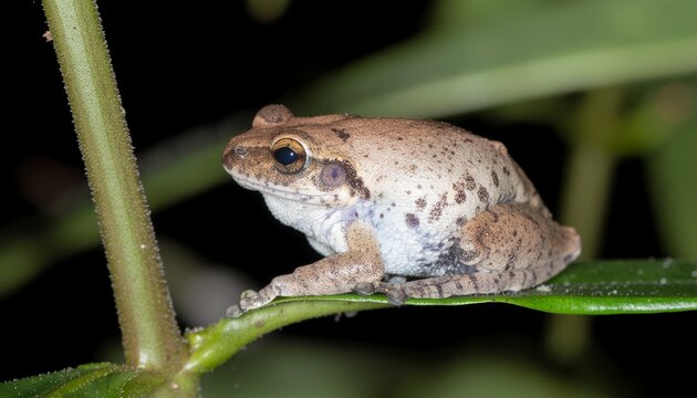 Macro portrait of a Coqui Frog (Eleutherodactylus coqui) perched on a plant stem at night