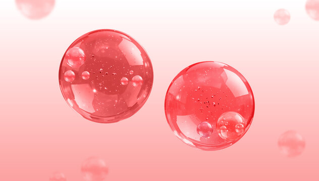 Abstract red cosmetic serum bubbles floating on soft pastel background. Beauty and skincare concept with hydration, collagen, and clean cosmetic texture. Minimal design with copy space for branding, a