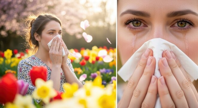 Woman suffering from seasonal allergies, sneezing into a tissue in a vibrant spring flower field.