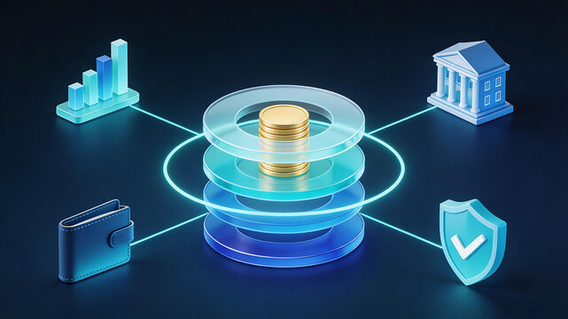 3D isometric corporate treasury concept with stacked coins and connected wallet analytics bank and security icons in glowing blue glass