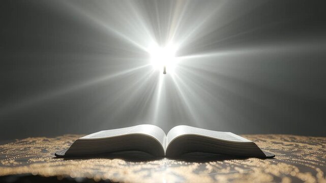 Open book illuminated by bright light symbolic of knowledge and wisdom