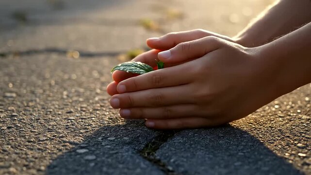 A child's hands tenderly protect a resilient plant breaking through concrete, symbolizing the vital growth and hope needed for Youth Mental Health, especially on International Youth Day.