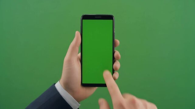 Smartphone with green screen. Person holding phone. Hand touching screen. Green background. Mobile device. Blank display. Technology. Advertising template. Screen mockup. Device.