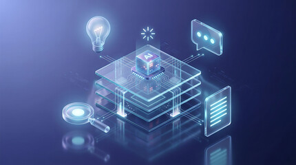 3D isometric artificial intelligence platform with glowing AI cube layered data panels magnifier document chat and idea icons in blue glass design