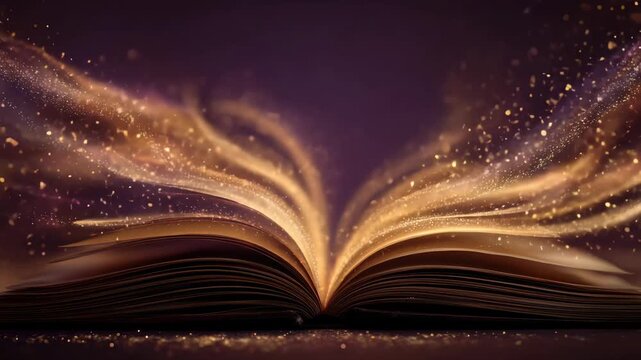 Open book with glowing pages and streams of light in a dark ambiance