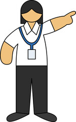 Fototapeta premium Woman employee with short hair wearing ID lanyard and uniform pointing finger direction