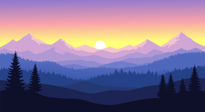 Vector illustration of a breathtaking mountain landscape at sunset with layers of purple and blue hills, a vibrant sun, and silhouetted pine trees