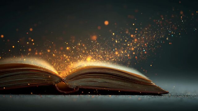 Open book with glowing particles illuminating pages and background