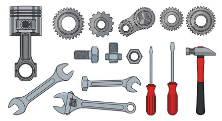 Fototapeta premium Mechanical Parts and Tools: Piston, Gears, Wrenches, Screwdrivers, Hammer, Bolts