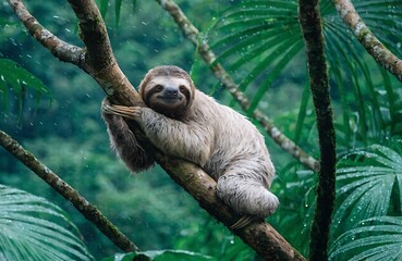 Fototapeta premium Sloth hanging on tree branch in rainforest, tropical wildlife scene high resolution photo