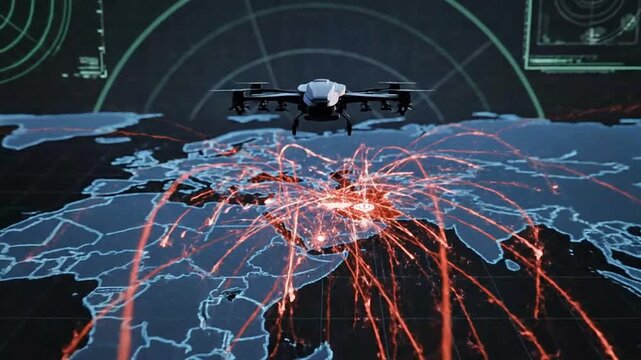 Drone Surveillance and Cyber Warfare Over Middle East Map with Digital Connections and Data Flow.