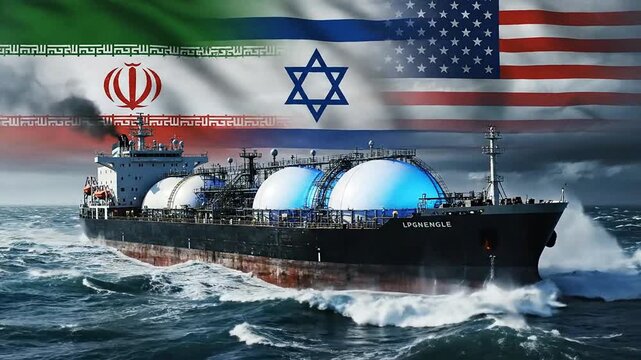 Geopolitical tensions and energy trade with flags of Iran, Israel, and USA over a gas tanker.