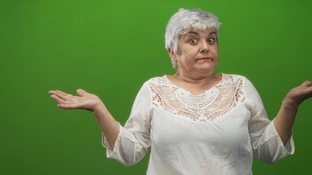 Woman, senior with grey hair and white blouse, palms up shrugging gesture and raised hands in a studio; bemusement uncertainty.