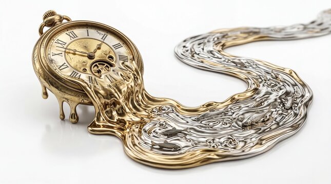 Close-up of a melting gold clock with a silver flowing liquid on a white surface with a surreal mood.