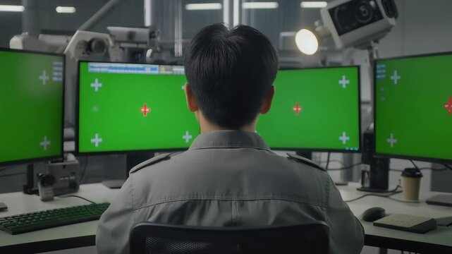 Man in uniform sitting at desk with three computer monitors. Green screens with red and white symbols. Control room or monitoring station. Surveillance or operations center. Vector