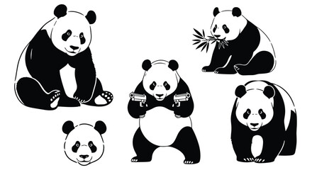 Black and white panda bear character set featuring various poses eating bamboo holding guns and face icons isolated on white. © tajwar