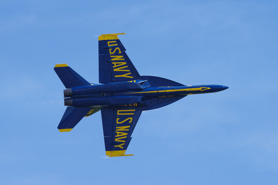 A U.S. Navy Blue Angels F/A‑18 Super Hornet flies directly above the photographer exposing the aircraft&rsquo;s underside, over Sacramento, California, March 23, 2025.