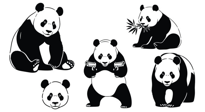 Black and white panda bear character set featuring various poses eating bamboo holding guns and face icons isolated on white.