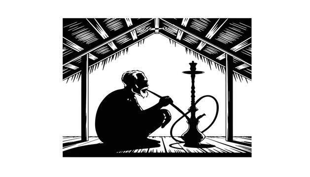 Hookah silhouette illustration of a man smoking in a hut