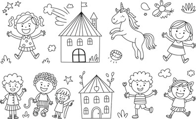 Fototapeta premium A whimsical illustration of children playing around a castle and a unicorn