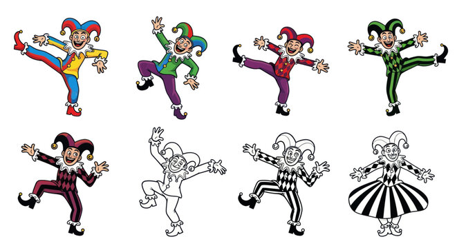 Jester Characters Set: Colorful & Black White Illustrations