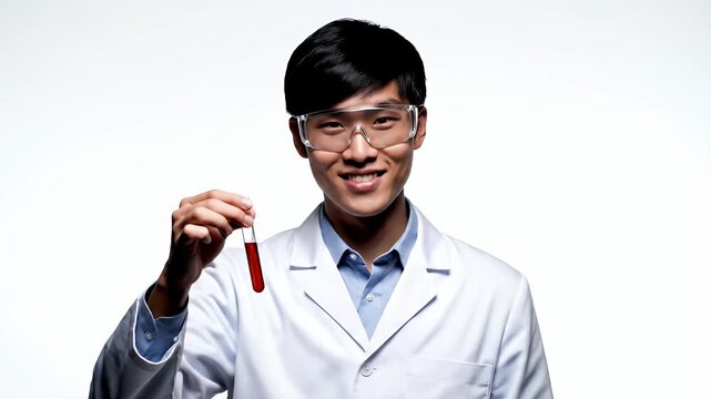 Scientist Holds Blood Sample In Test Tube With White Background
