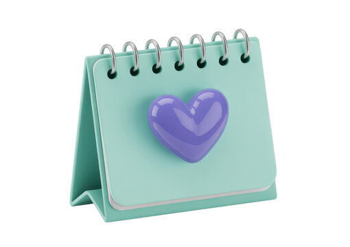 Desk calendar with purple heart on white background spiral binding
