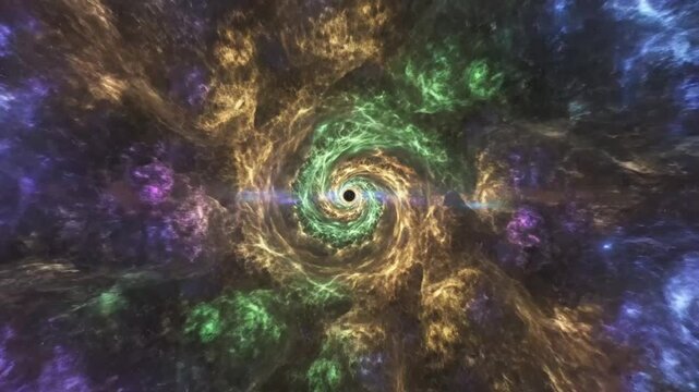 Mesmerizing black hole vortex abstract animation swirling through the star-filled cosmos, a visual journey