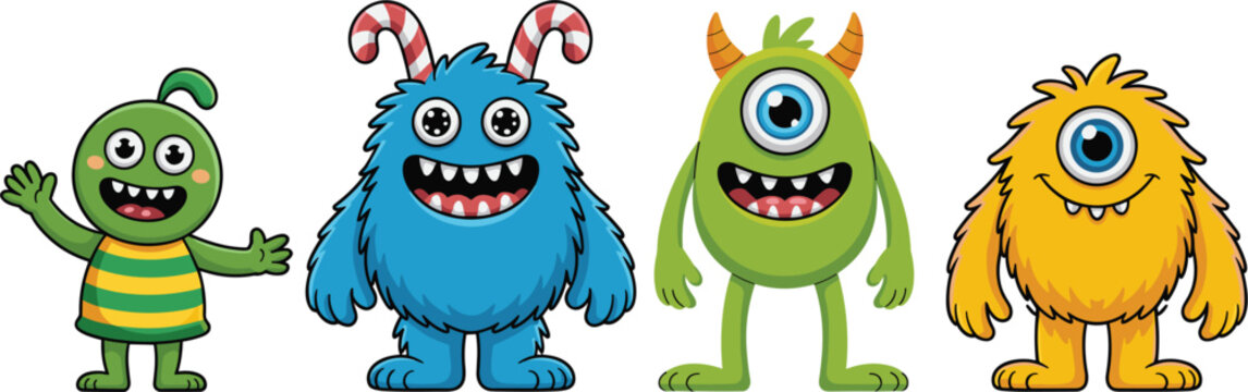 Cute cartoon monster characters set, funny colorful alien creatures for children book and mascot design