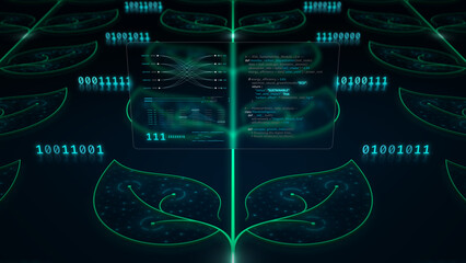 Sustainable AI server network growing as digital plant, green technology circuit, glassmorphism vector illustration.