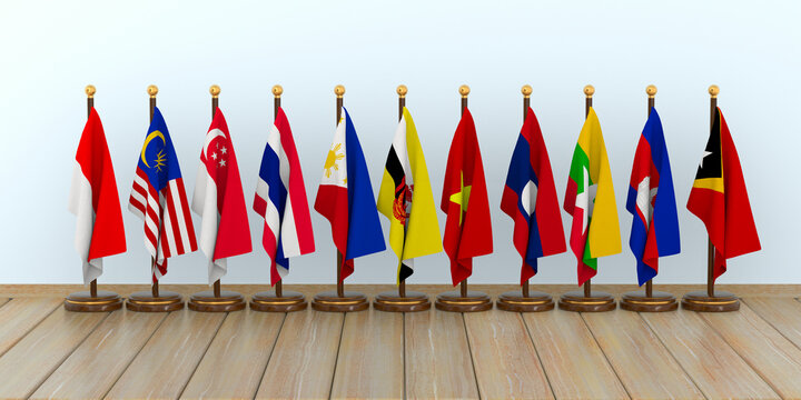 Association of South East Asian Nations flags. 3D illustration