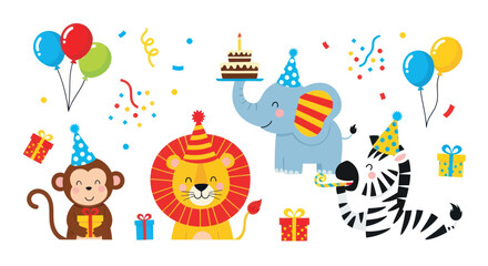 Naklejka premium Cute Cartoon Animals Celebrating Birthday Party with Cake, Balloons, and Gifts