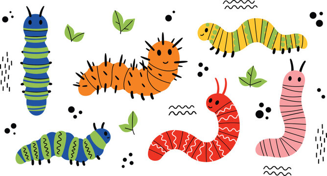 Cute Caterpillar and Worm Collection with Colorful Cartoon Insects Garden Bugs Nature Kids Friendly Vector Illustration Set